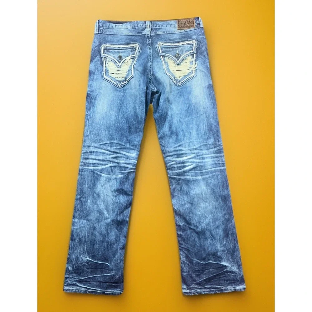 Affliction Grant Men's Jeans 36x32 Blue Distressed Straight Fit Street wear